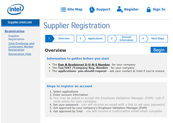 Giao diện trang web đăng ký và quản lý nhà cung cấp của Intel